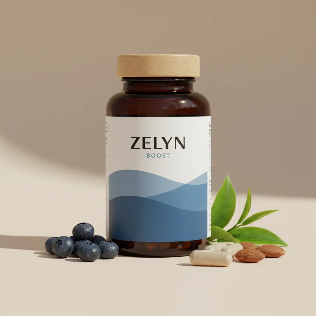 Zelyn Boost white pharmacy-style supplement bottle with branded label